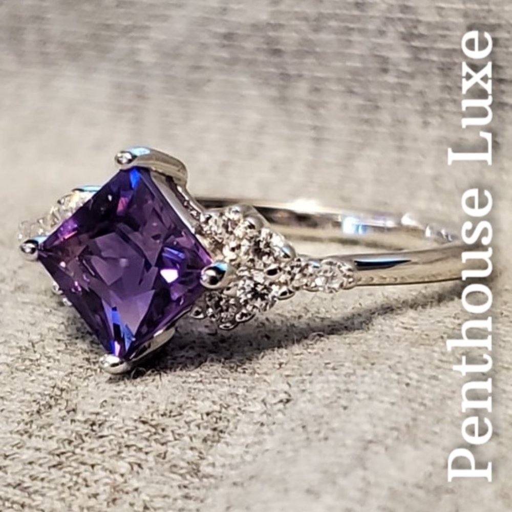 SOLID Sterling Purple Amethyst Princess Cut Ring - Picture 3 of 6